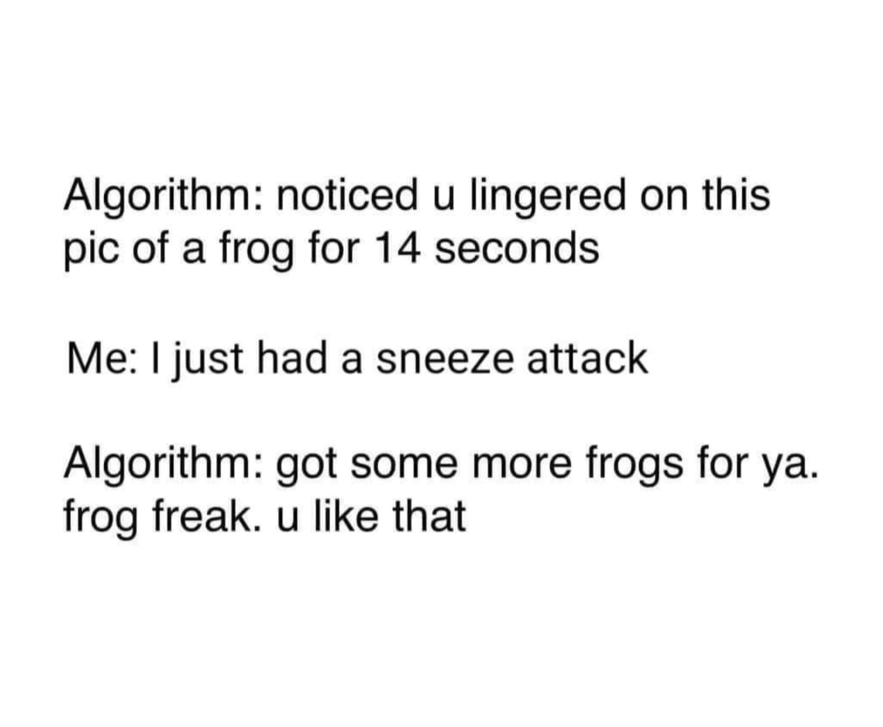 carmine - Algorithm noticed u lingered on this pic of a frog for 14 seconds. Me I just had a sneeze attack Algorithm got some more frogs for ya. frog freak. u that